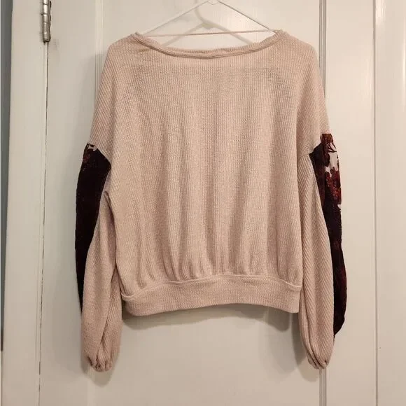 Free People Rose Pink Sweater with Floral Sleeves - Picture 3 of 13